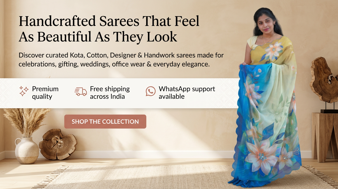 Discover curated Kota, Cotton, Designer & Handwork sarees made for celebrations, gifting, weddings, office wear & everyday elegance.