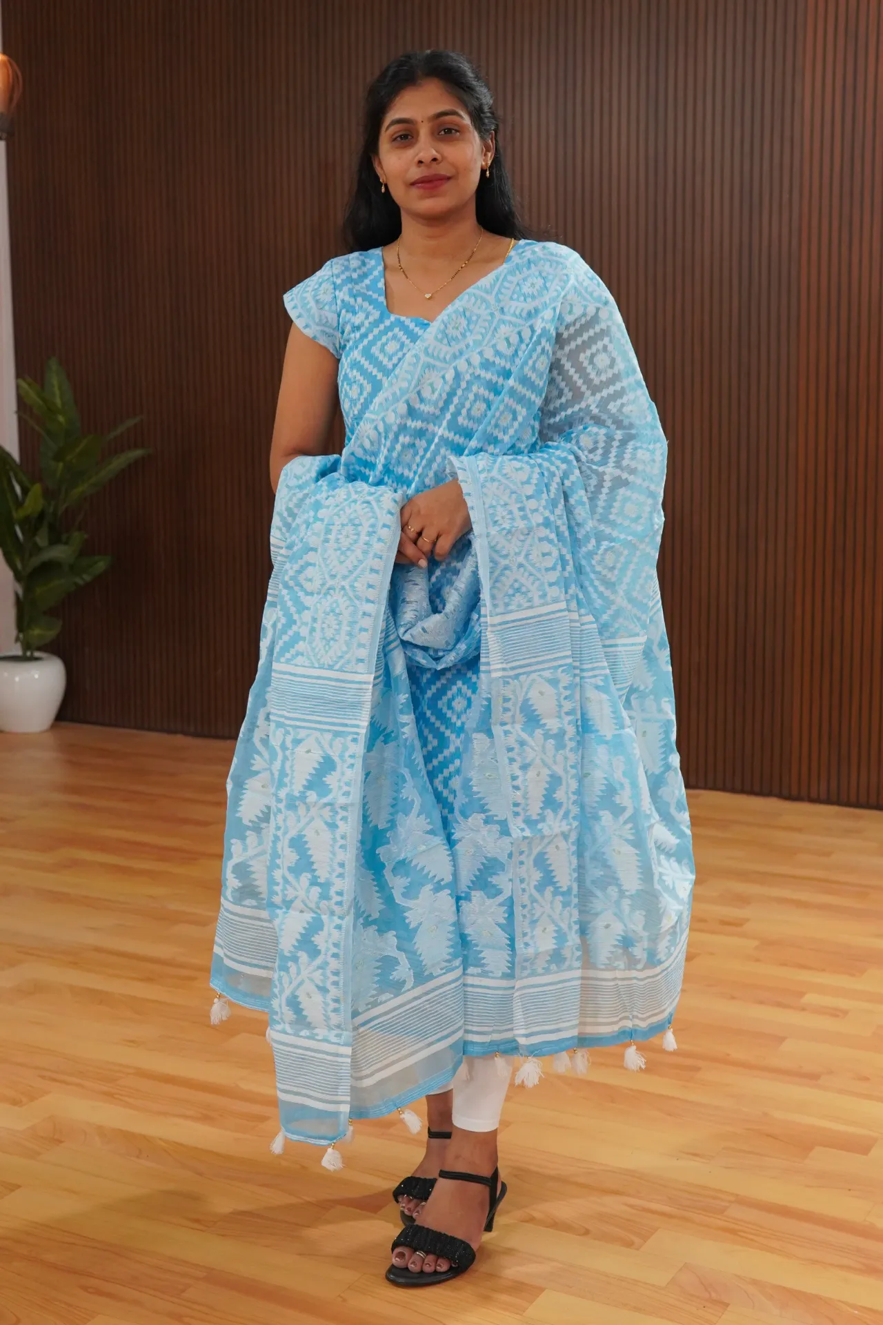 [FFF89] Blue jamdani unstitched drees material top and dupatta