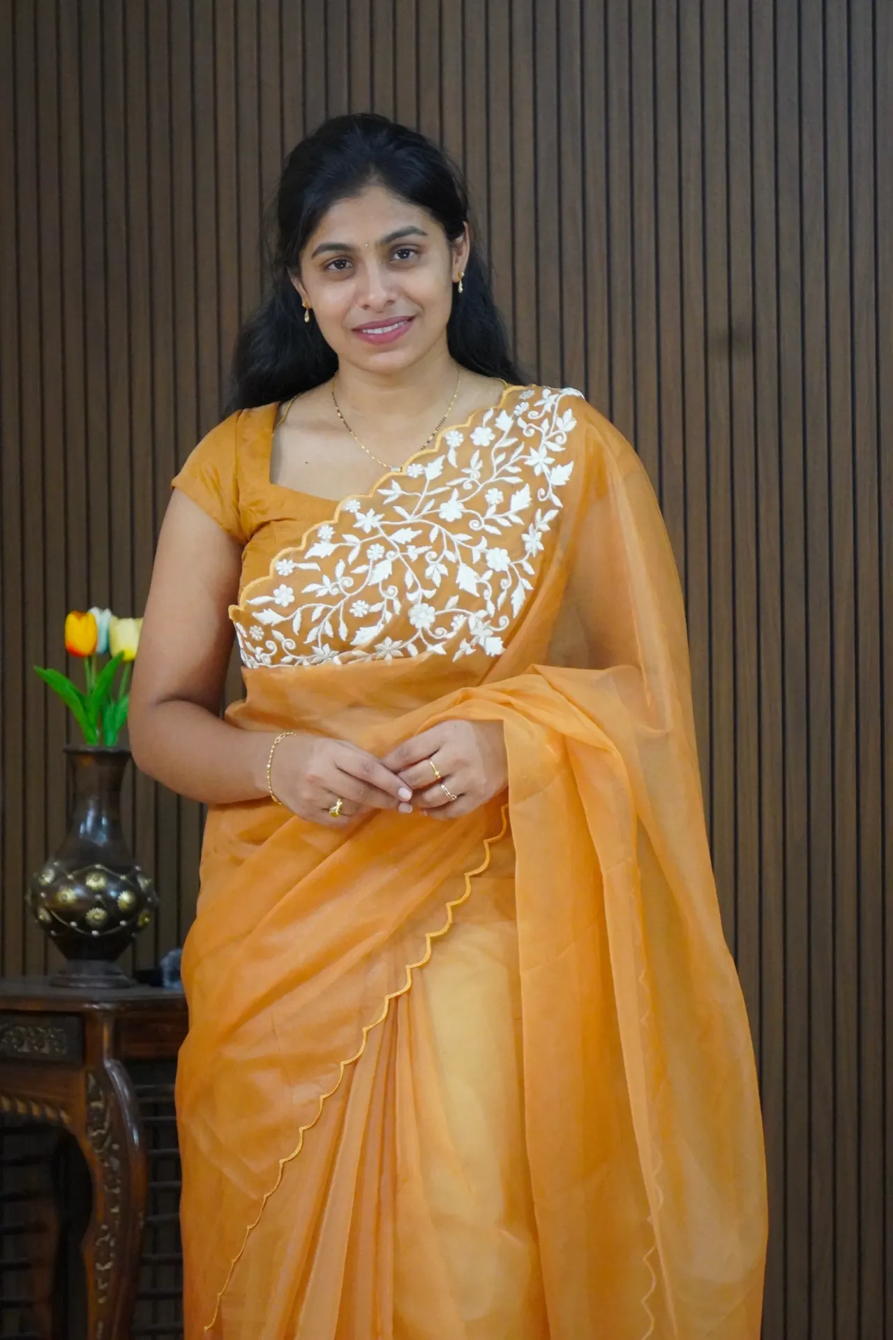 Soft organza saree with embroidery cut work
