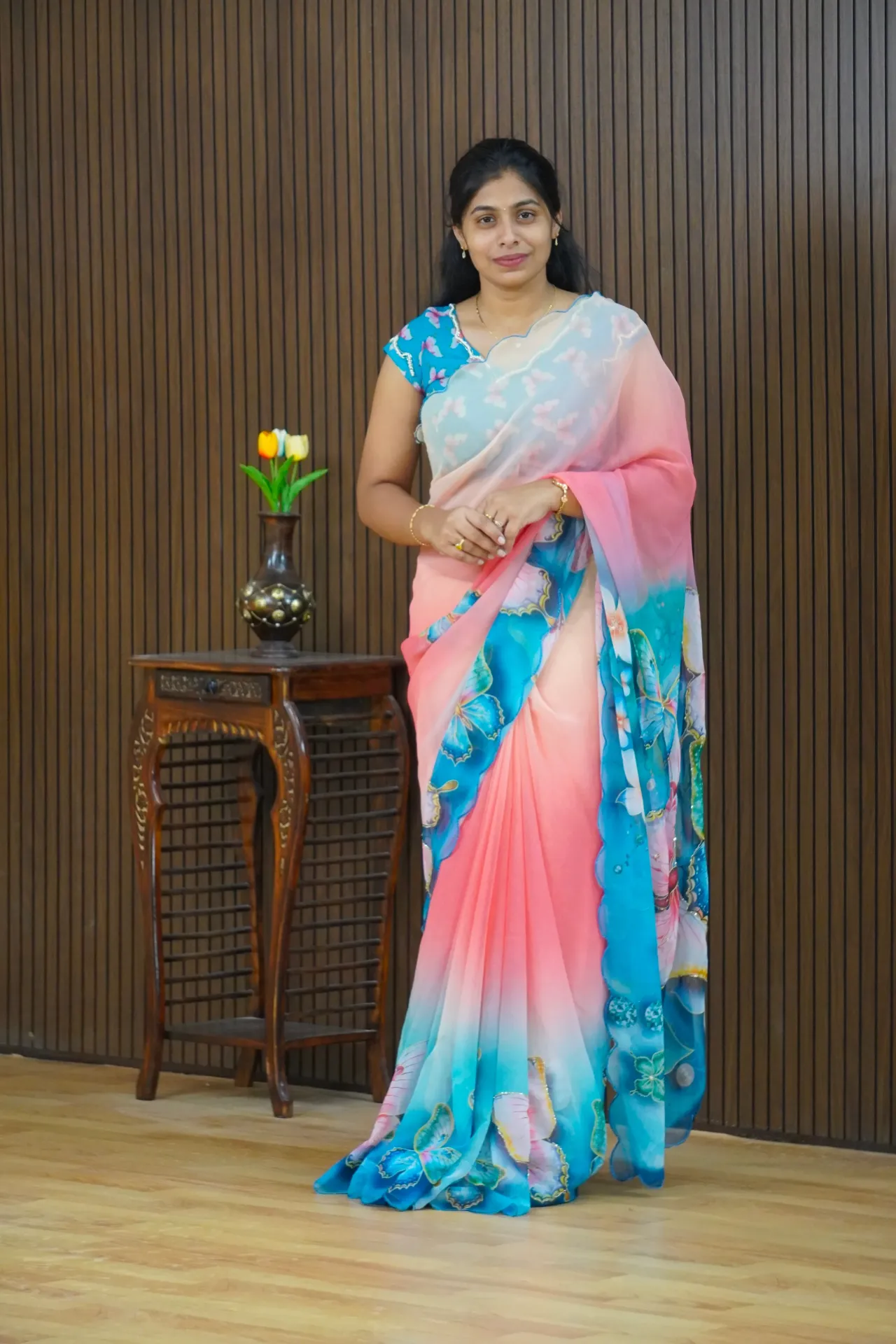 Soft georgette floral saree with glass work