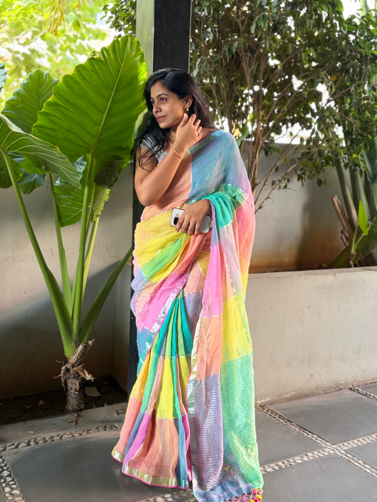 [FFF94] Multicoloured pure linen saree