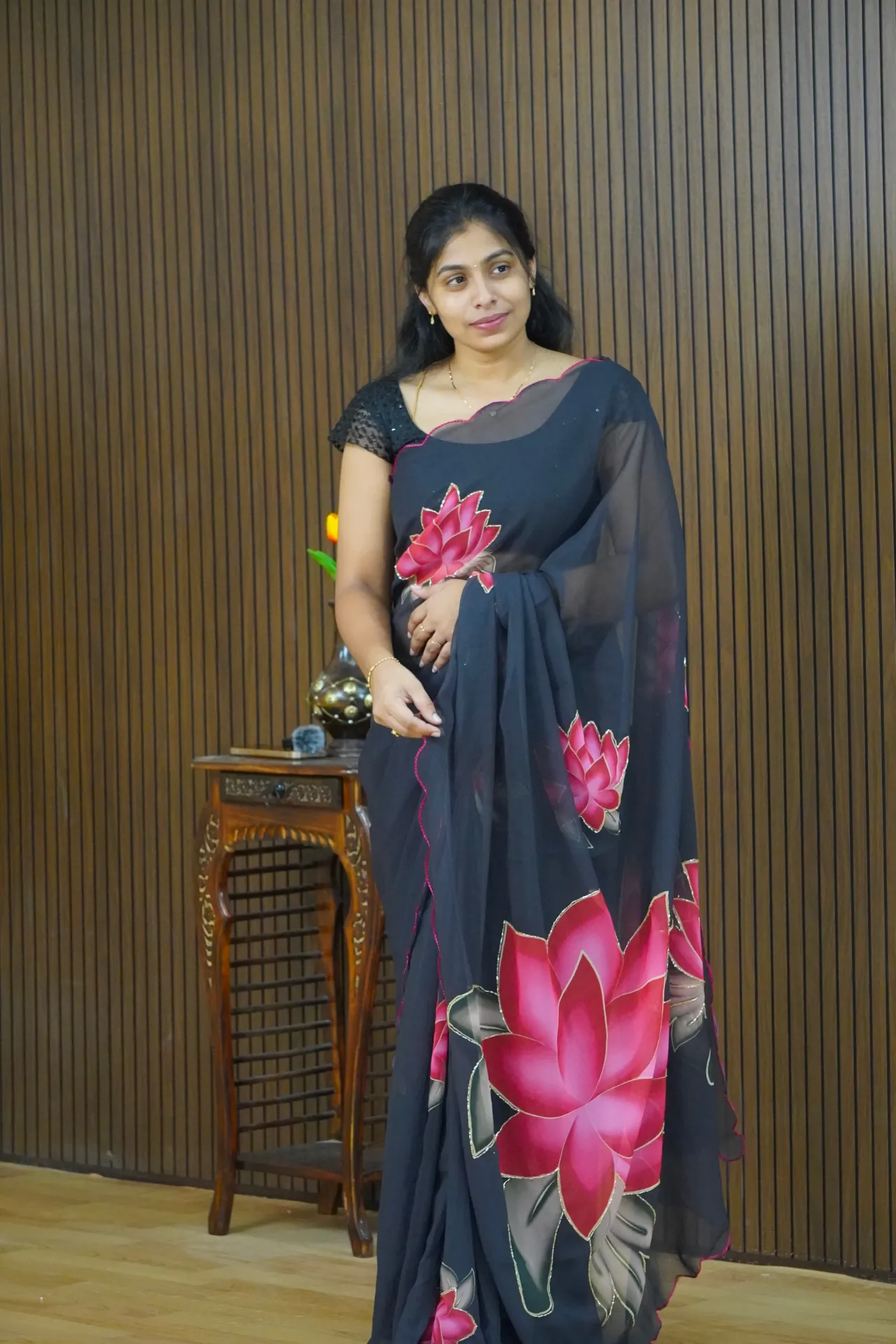 Soft georgette with glass work - black