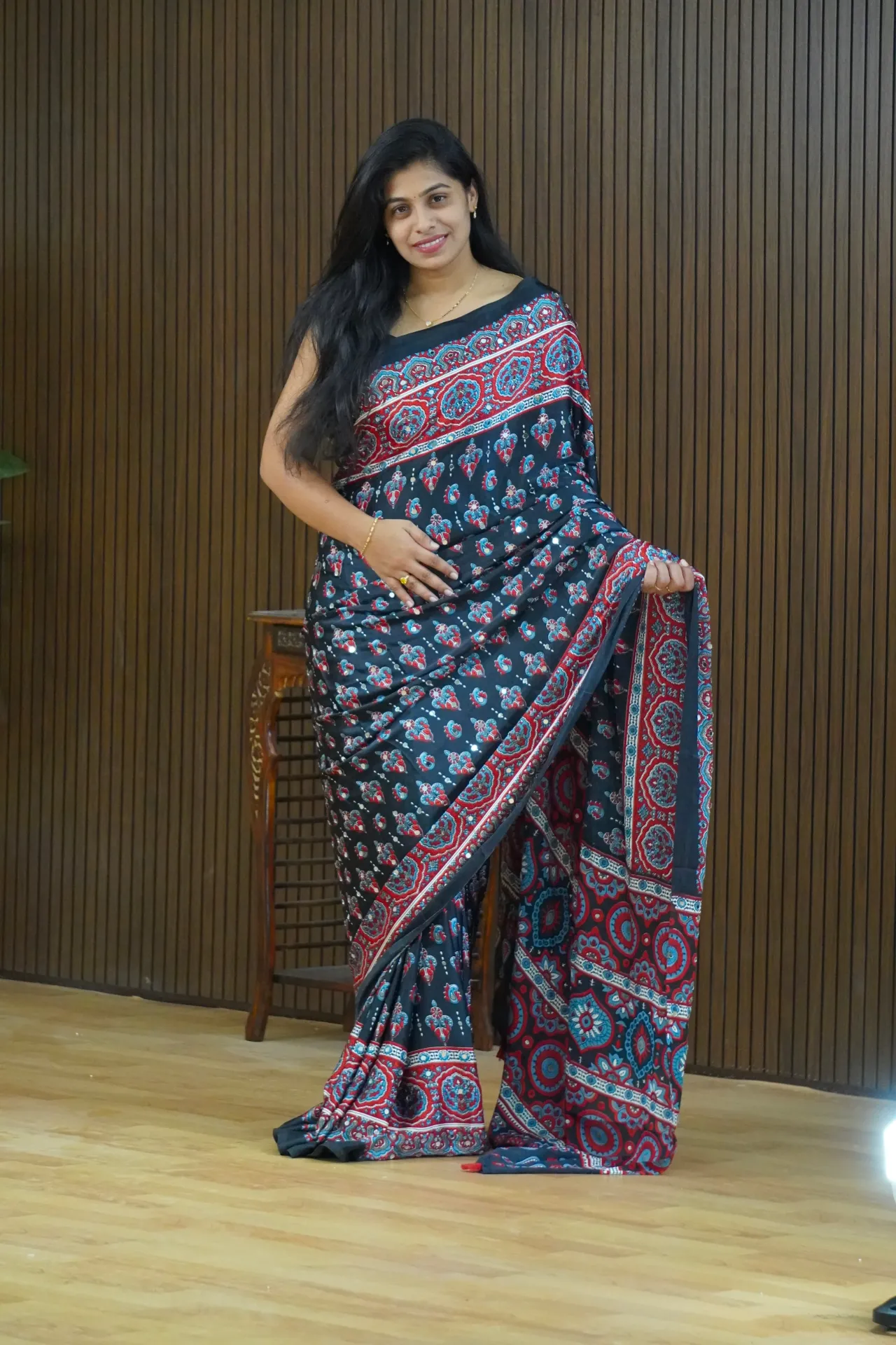 Gajji silk with Ajrak print and real mirrors - FFF102
