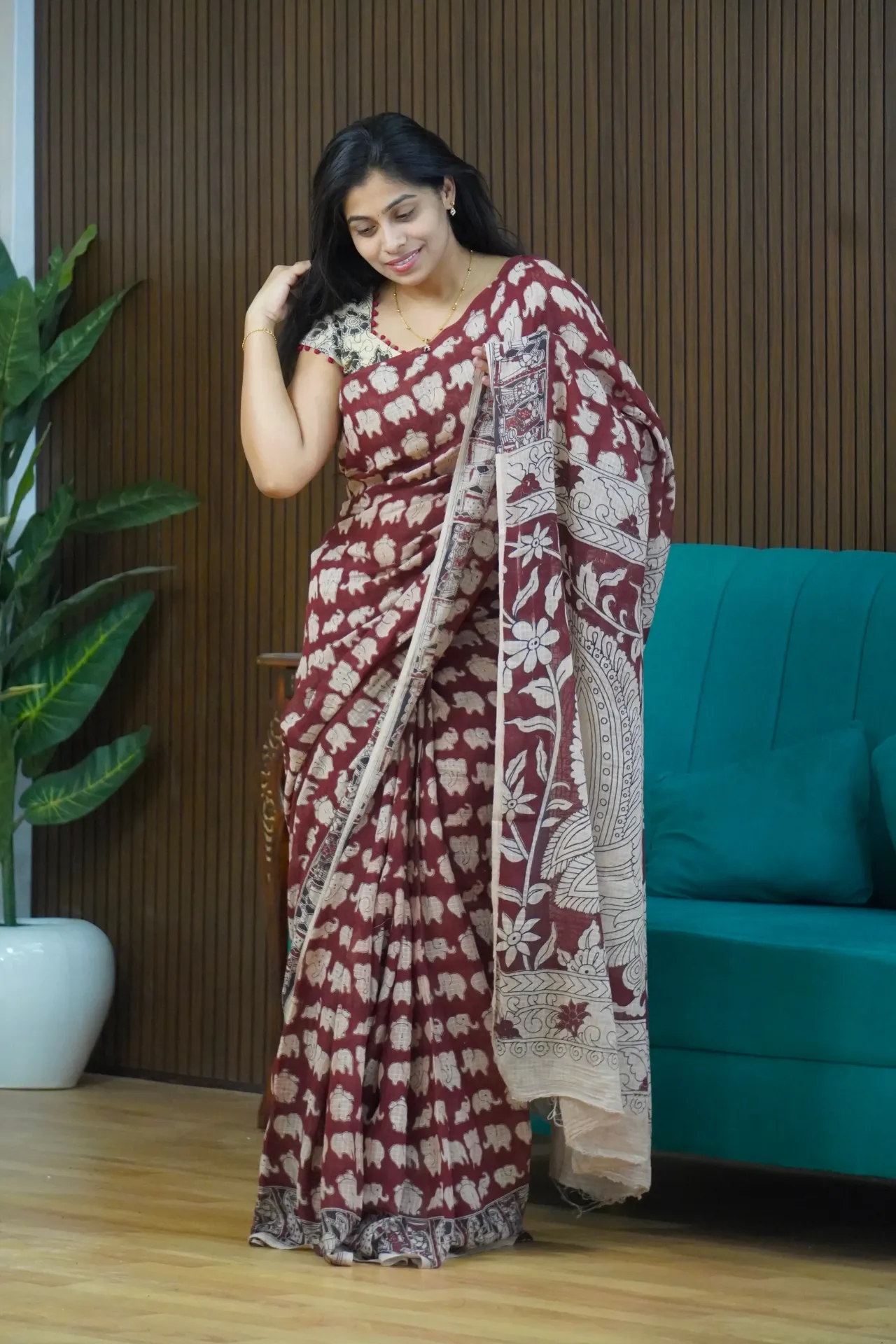 Elephant motifs kota kalamkari saree