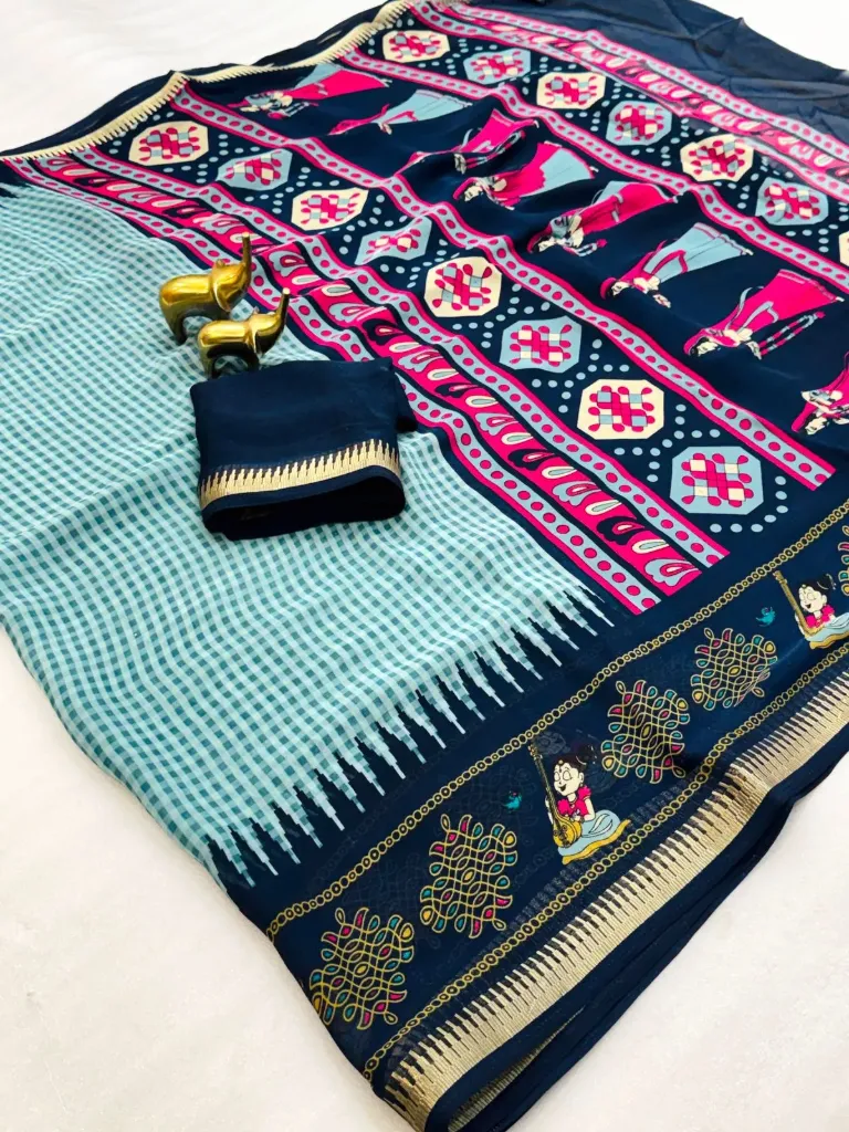 Mysore crepe georgette saree with all over checks print along with weaving jequred border FFF112 (Blue)