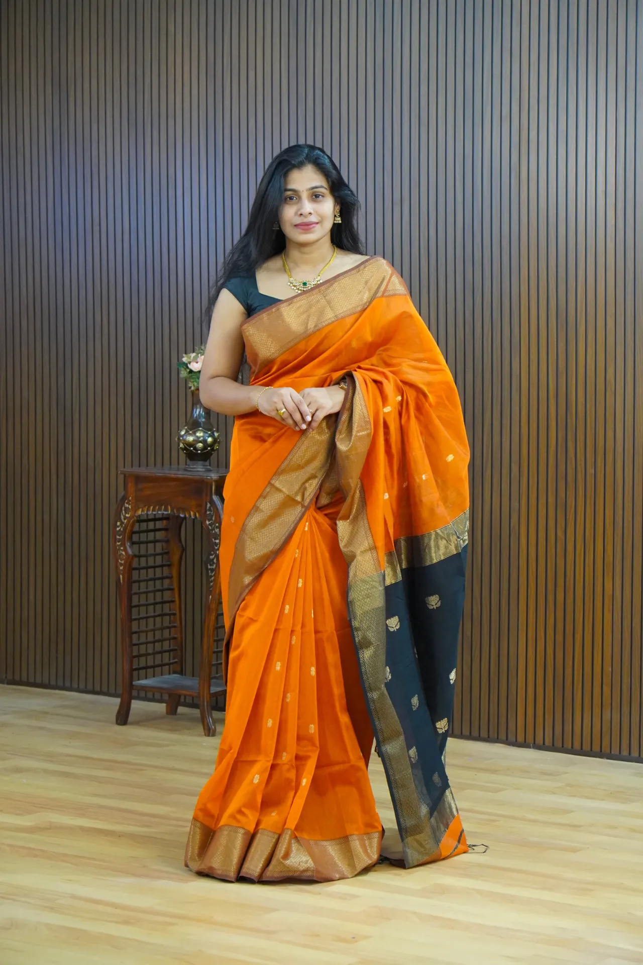 Pure handloom orange maheswari silk saree