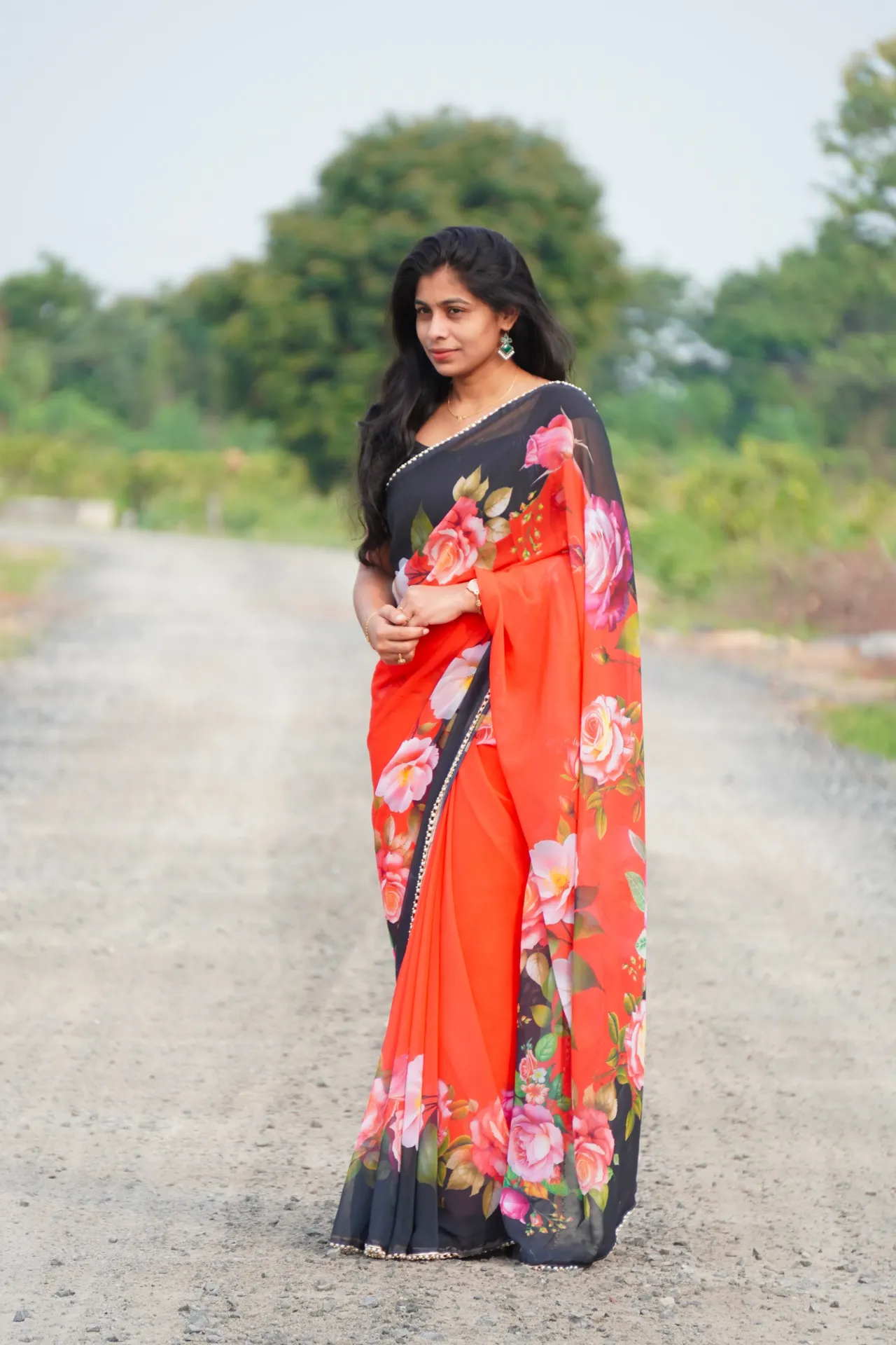 Soft georgette floral saree with beads