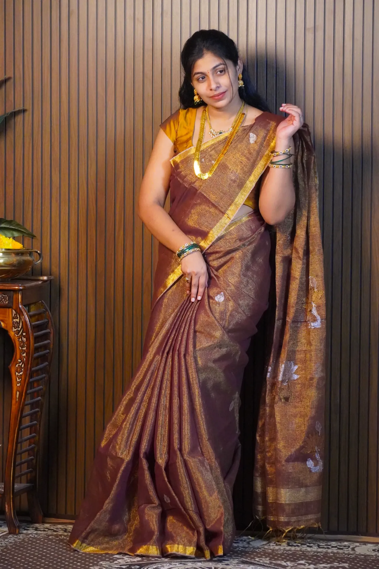 Pure Gold tissue saree with intricate flower design