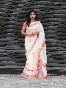 Exquisite White Chanderi Cotton Saree with Red Flower Border