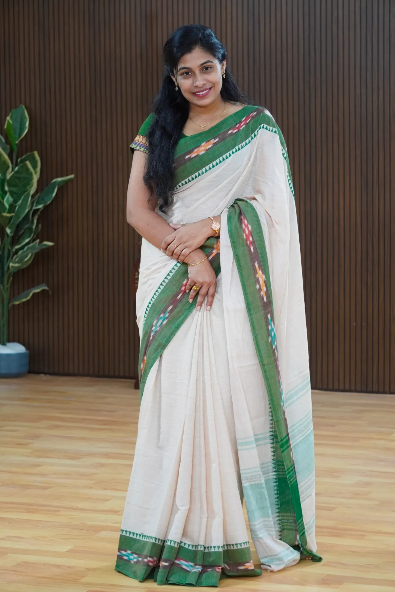 Mulcotton saree with ikkat border FFF131