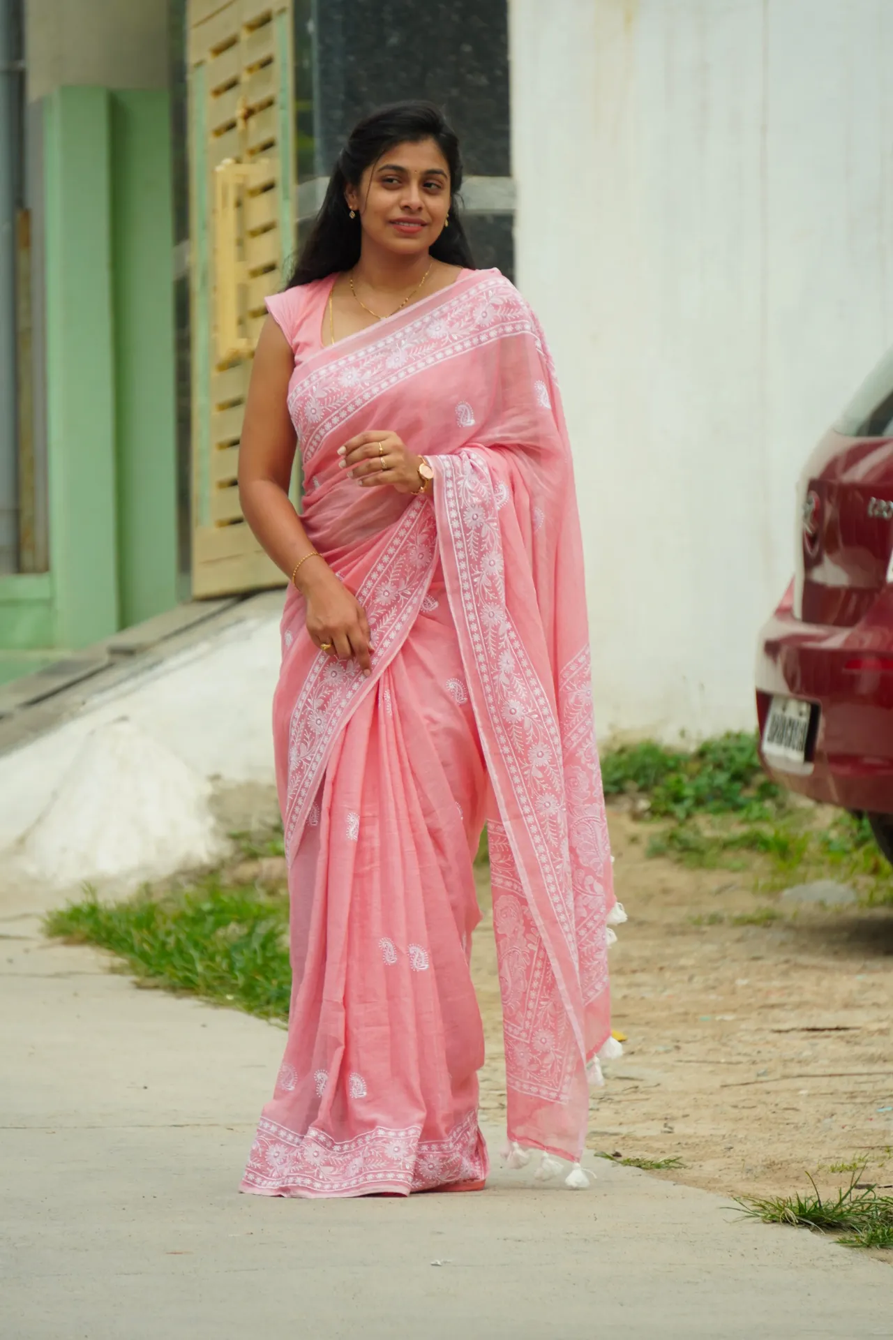 Peach mulcotton with chickenkari wrok FFF138