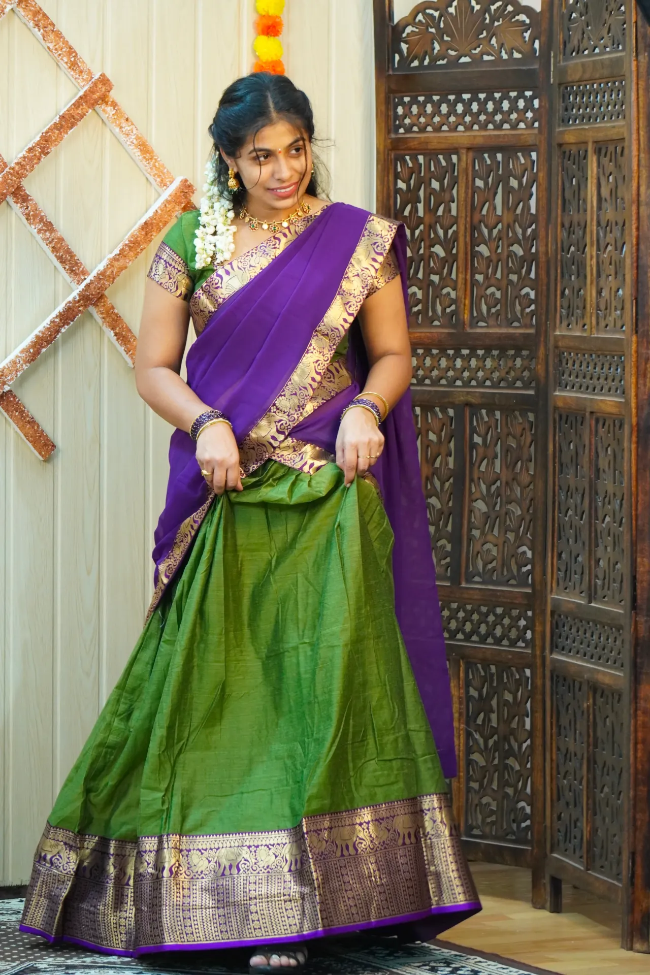 Purple and green kanchi cotton half saree HS03