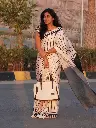 Elegant Beige Satin Saree with Black Line Design & Black Pallu – Timeless Grace