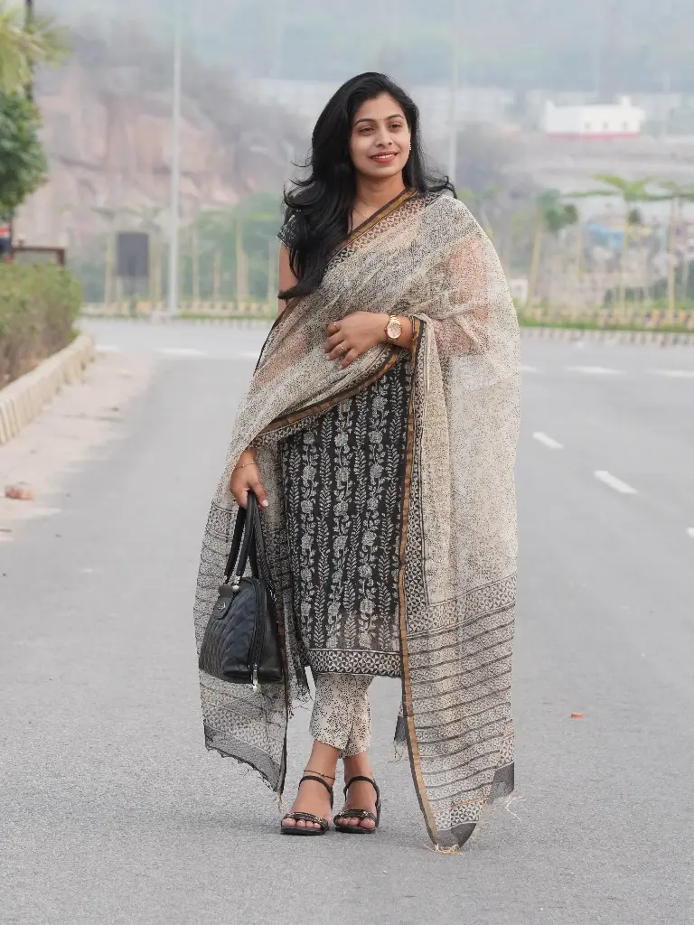 Traditional Kota Doriya Suit Collection | Hand Block Printed | With Kota Doriya Dupatta & Cotton Bottom (Beige and Black)