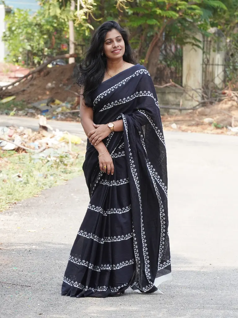 Black & White Design Mulmul Cotton Saree | Hand Block Print with Blouse 