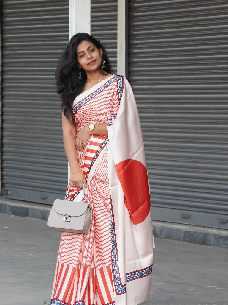 Beige Satin Saree with Red Line Design & Red Pallu – Timeless Grace With Fashion 
