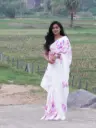 White Hand-Painted Saree With Pink Flowers All Over Saree | Multicolor Floral Motifs & Designed Border | Fancy & Artistic Ethnic