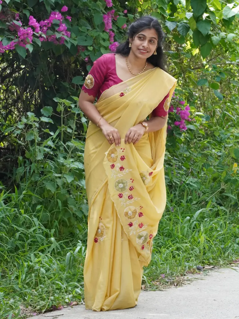 Yellow Hand-Painted Saree With Glass Work on Flower Design