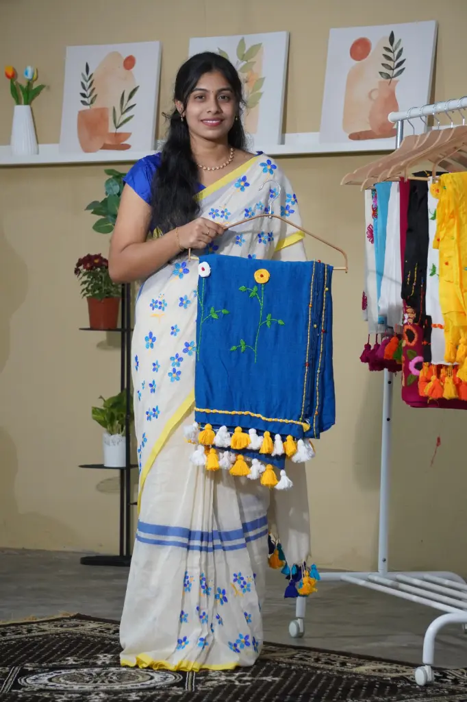 Blue Hand-Embroidered Saree | White & Yellow Floral Embroidery | Heavy Tassels Border
