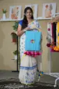 Sky blue Saree with Multi Color flowers Hand-Embroidered Saree | Yellow Floral Embroidery | Heavy Tassels Border