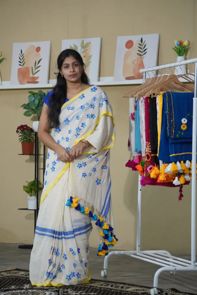 White Saree With Blue Color flowers Embroidered Saree | Heavy Tassels Border 
