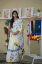 White Saree With Blue Color flowers Embroidered Saree | Heavy Tassels Border 