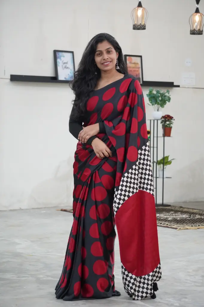 [RB01,rb01,Satin, Japan Satin, Pulka Dots] Black Satin Saree with Red Dots Design & Red Pallu