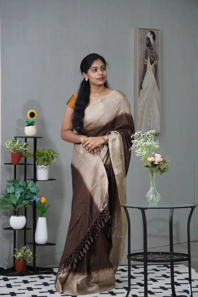 Coffee Brown Beige colour dola silk saree