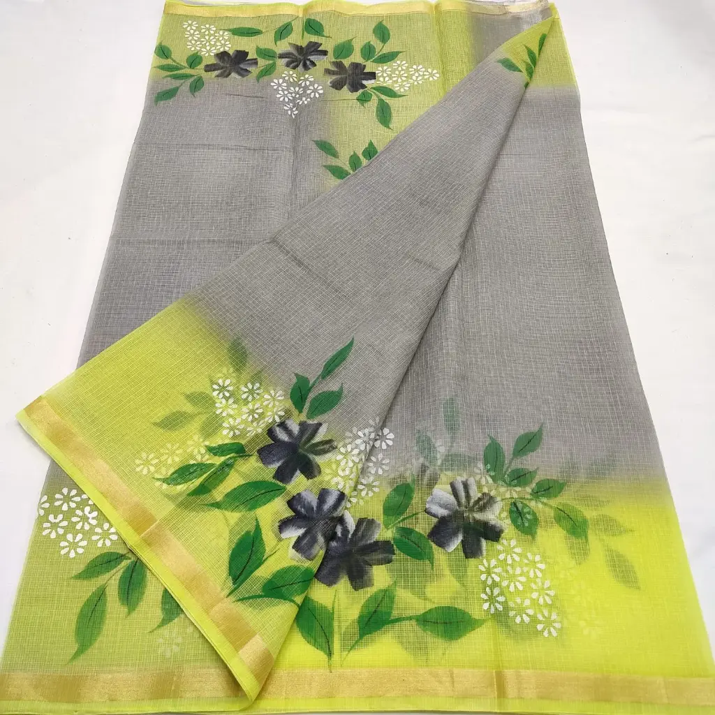 Dual Shaded Kota Cotton Saree With Hand Paint Floral Design