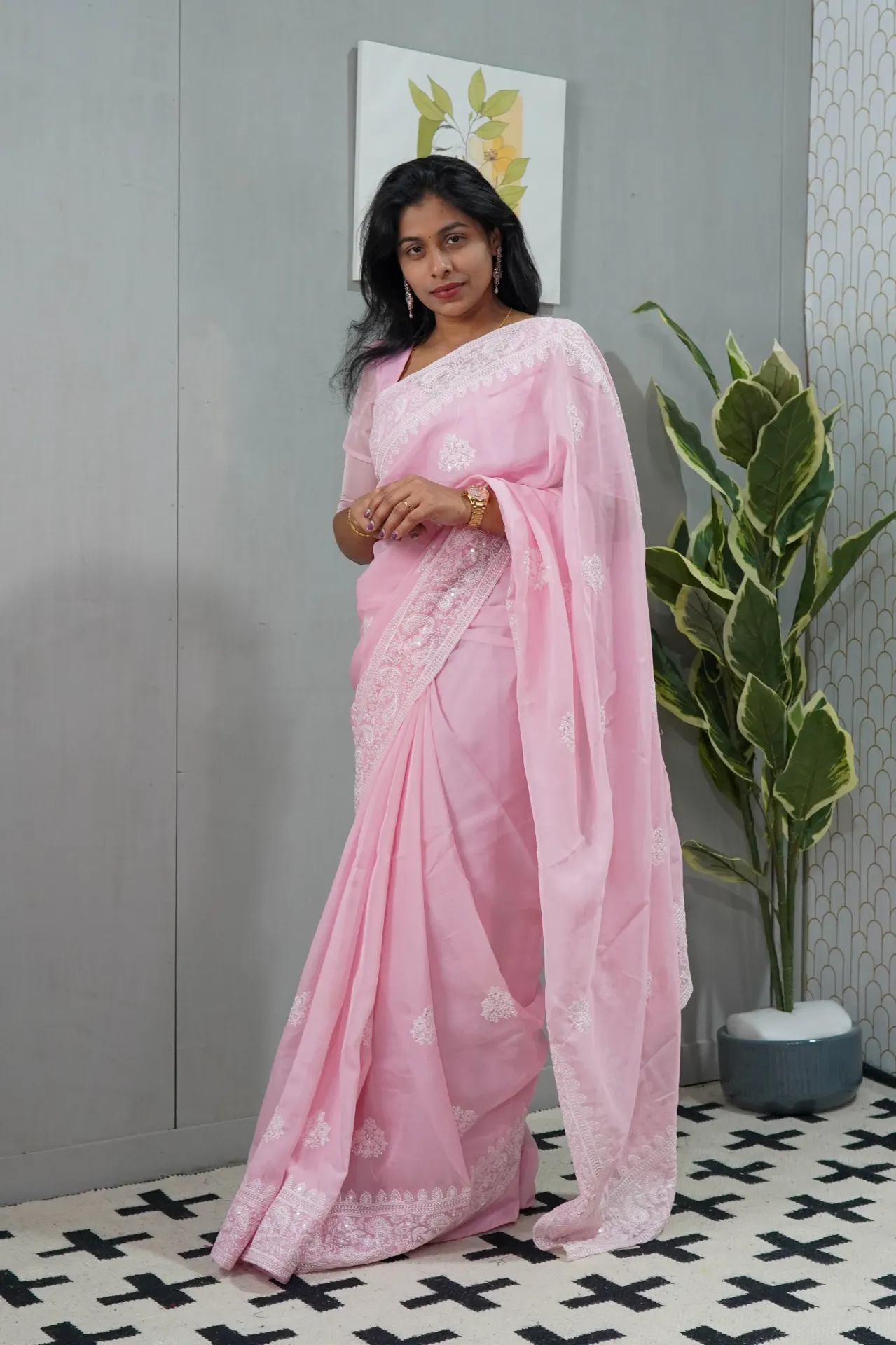 Pure Chikankari Organza Saree – Hand-Embroidered Elegant Festive Wear