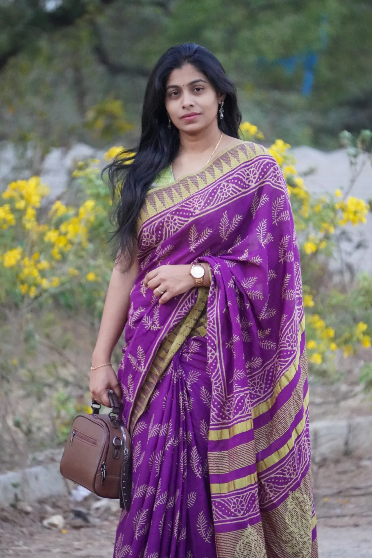 Exclusive Hand Block Printed Cotton Silk Saree with Temple Border | Ajrakh & Dabu Prints | With Blouse