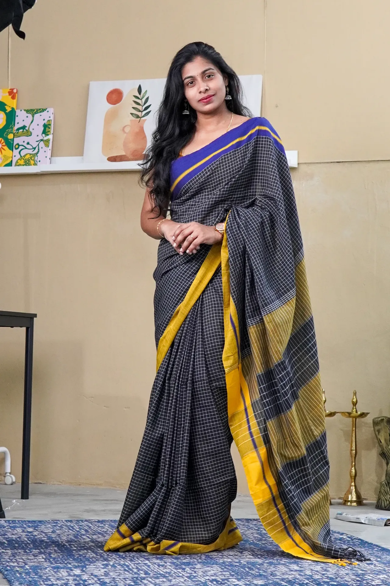 Yellow and Navy Blue Khadi Cotton Checks Saree | Lightweight Traditional Wear (Unstitched, No)