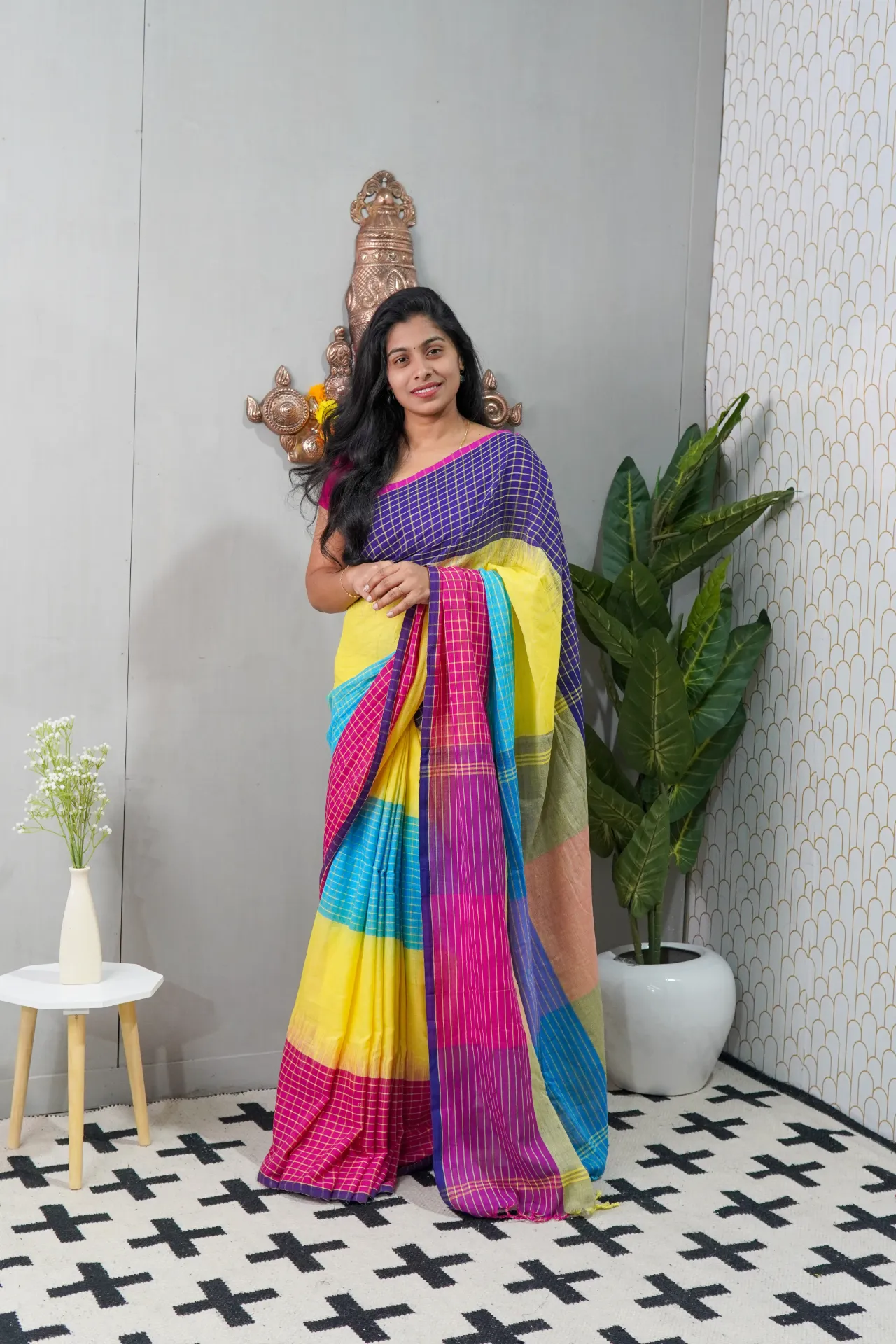 Multi-Colour Checks Khadi Cotton Saree | Lightweight Traditional & Casual Wear