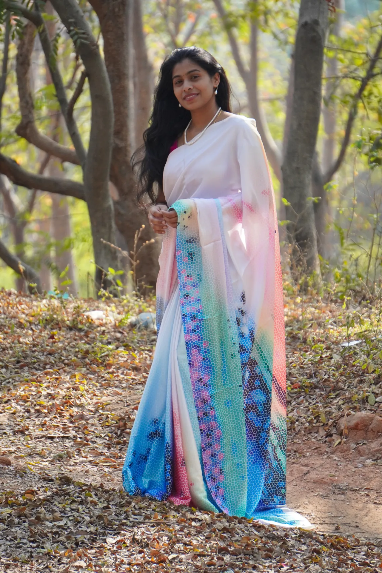 Elegant White Satin Saree with Multi-Colour Floral Design | Glossy Party Wear (Unstitched, No)