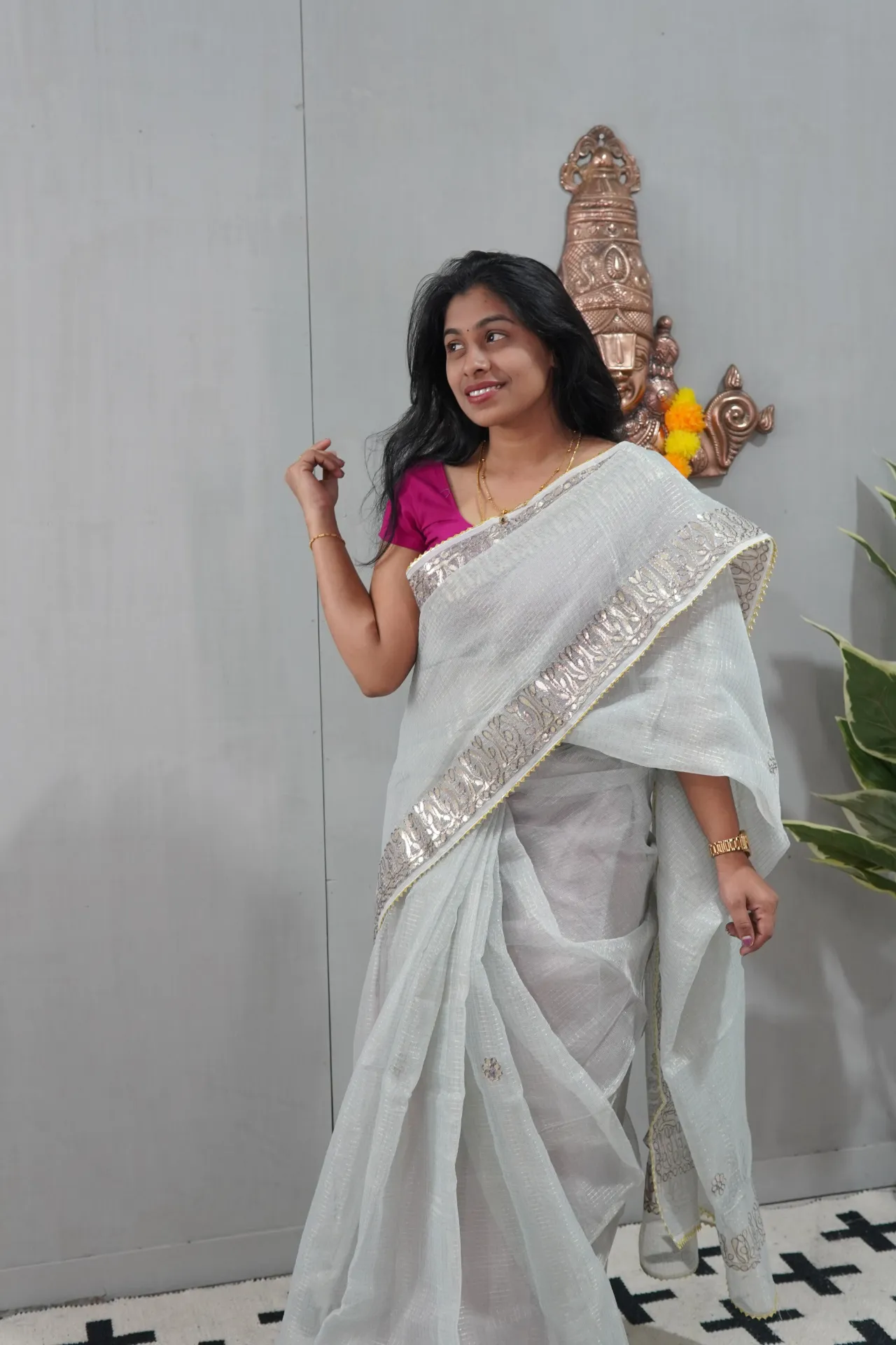 Grey Kota Saree With Zari Design Border
