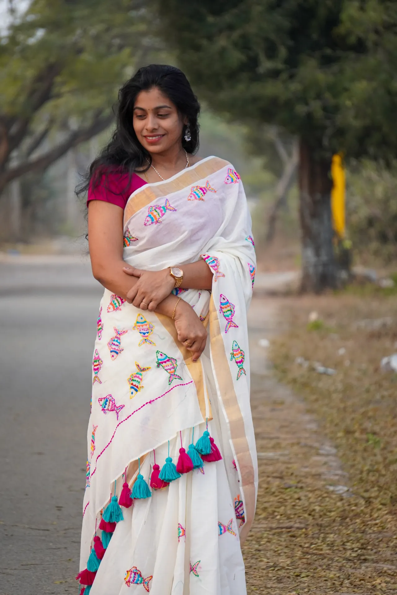 Mul Cotton with Fish Design Lambani Work Hand Embroidery (Unstitched, No)