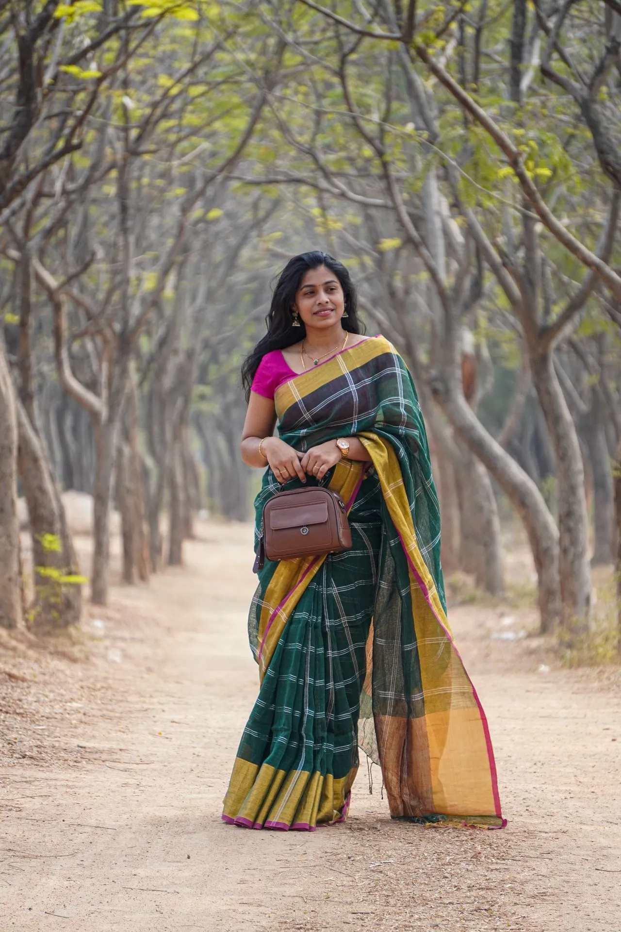 Pure Linen Dark Green Saree | Checks Design Saree