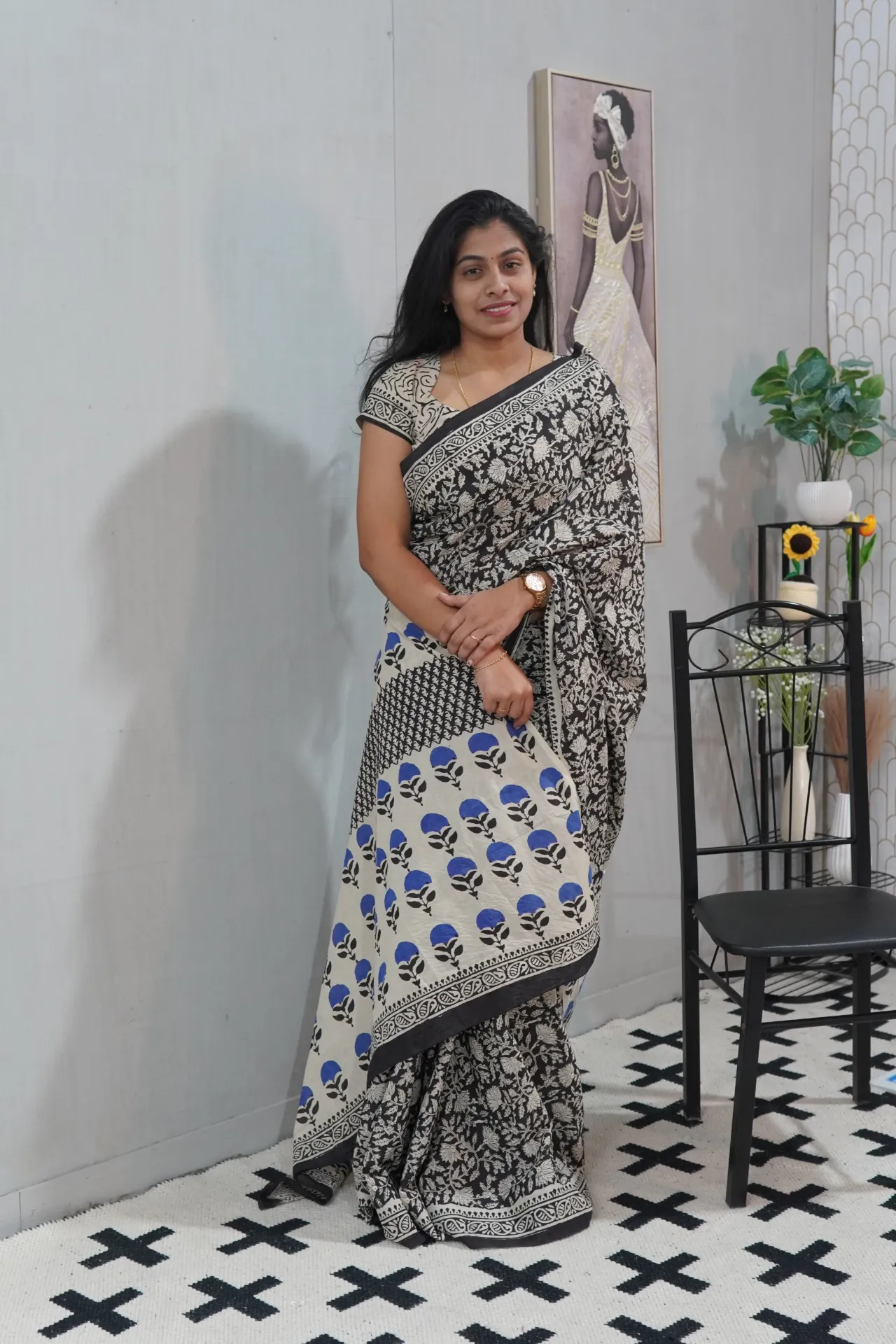 Mul Cotton Saree with Bagru Print