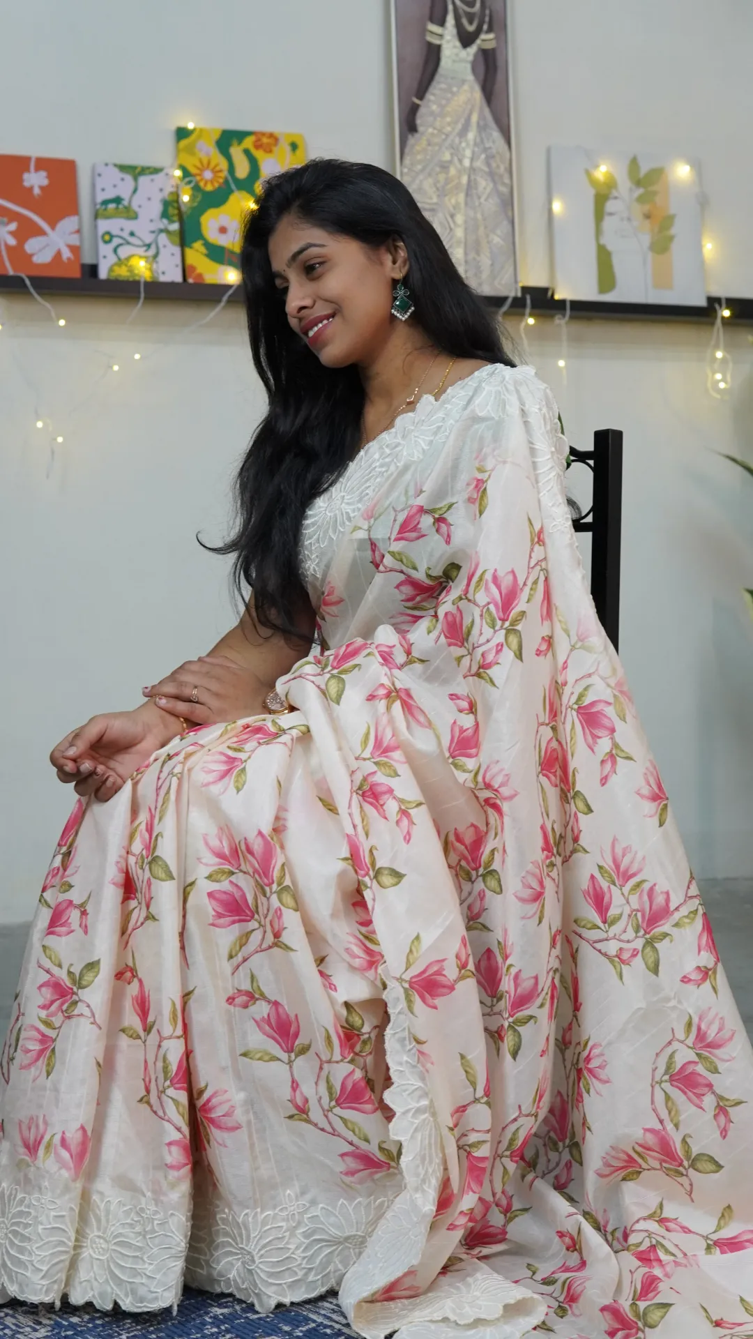 Tussar Silk Saree with Floral Design and Embroidery Border (Unstitched, No)