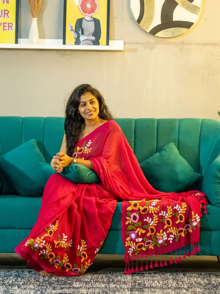 Pink Multi Color flowers Hand-Embroidered Saree | Floral Embroidery | Heavy Tassels Border  (Unstitched, No)