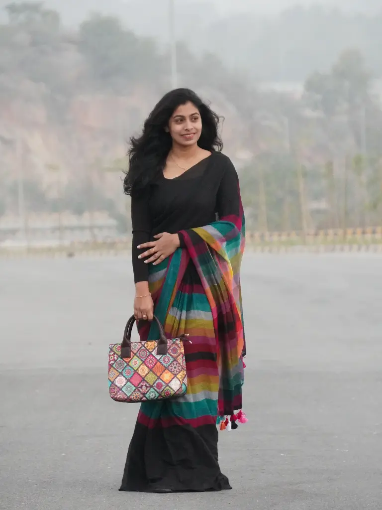 Khadi Cotton Black Saree Multi Colours Stylish Saree Party Wear 