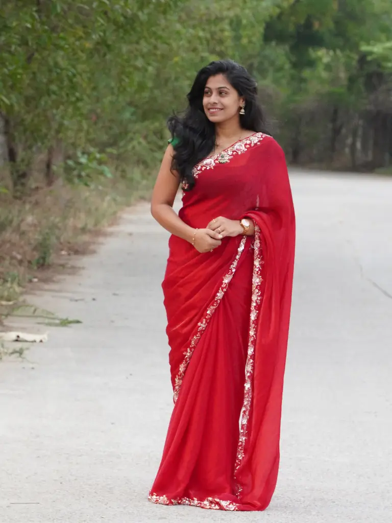 Designer Space Silk Handwork Saree | Cutwork & Sequin Detailing | Partywear with Handwork Blouse (Red, Unstitched, No)