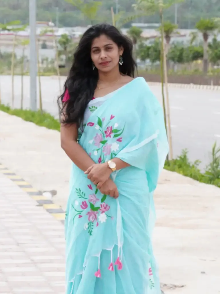 Ocean Green Hand-Painted Saree | Multicolor Floral & Artistic Design | Elegant Ethnic Wear (Unstitched, No)