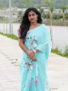 Ocean Green Hand-Painted Saree | Multicolor Floral & Artistic Design | Elegant Ethnic Wear