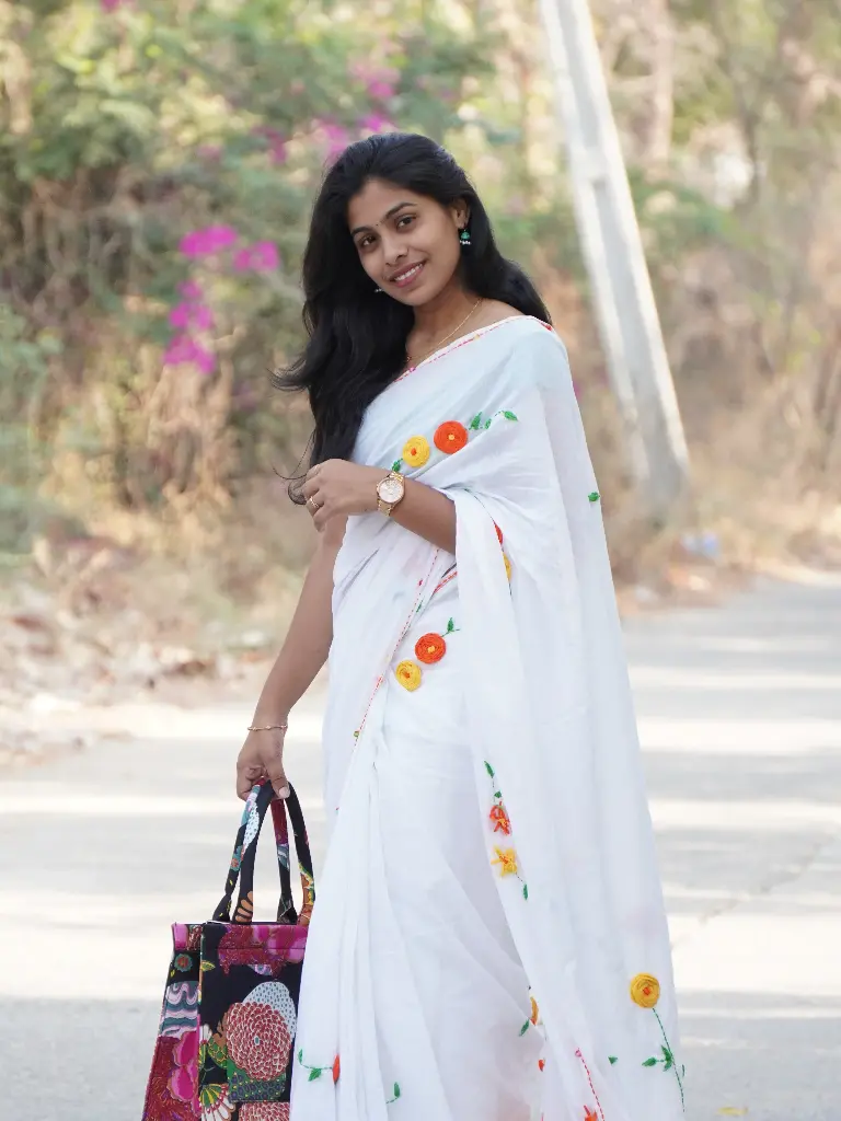 White Hand-Embroidered Saree | Red & Yellow Floral Embroidery | Heavy Tassel Border MR01