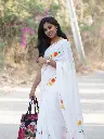 White Hand-Embroidered Saree | Red & Yellow Floral Embroidery | Heavy Tassel Border MR01