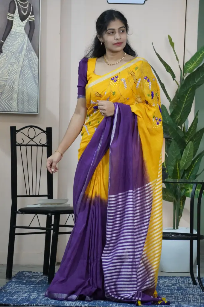 Linen Embroidery saree - Designer saree (Yellow, Unstitched, No)