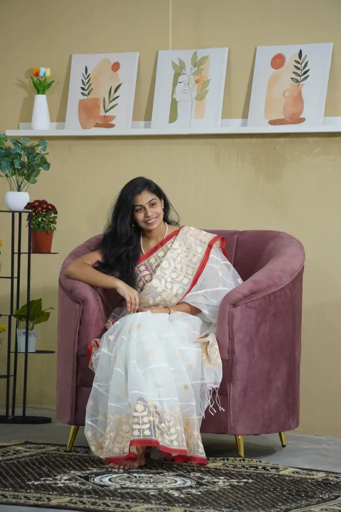 Pure Jamdani Embroidery Saree with Red Border