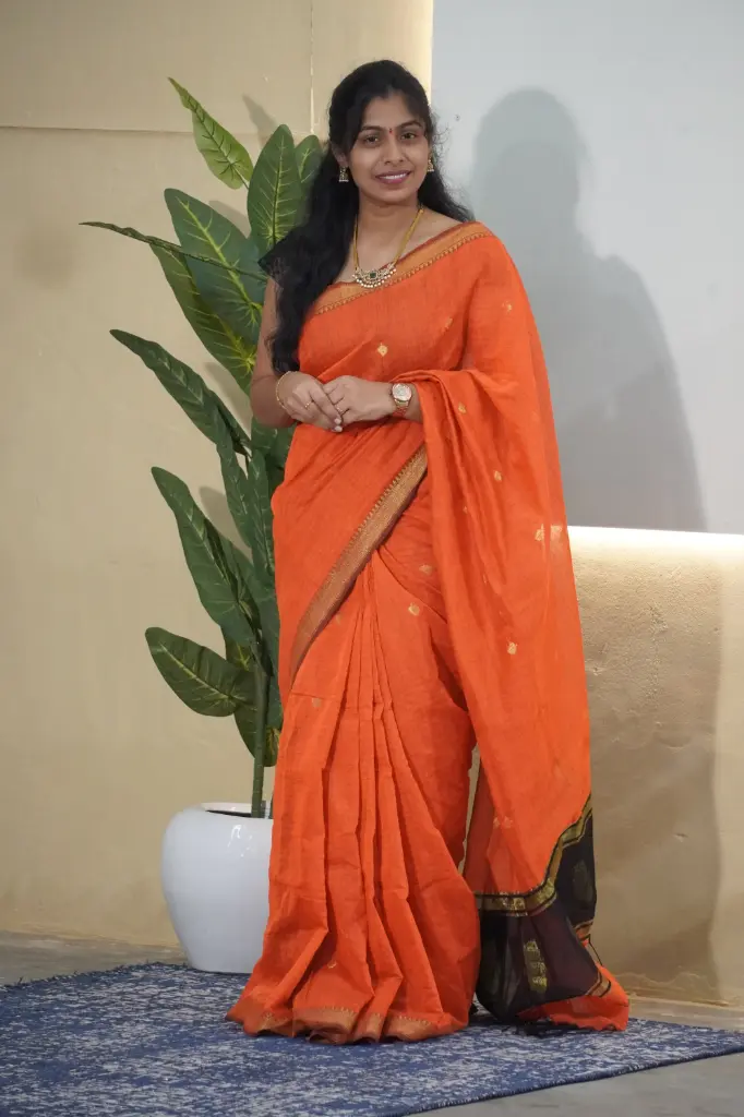 Maheshwari Cotton Sarees Online – Traditional Saree (Orange, Unstitched, No)