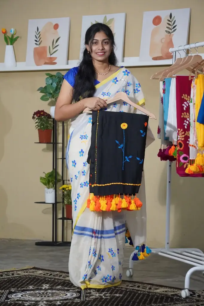 Black Hand-Embroidered Saree | Blue & Yellow Floral Embroidery | Heavy Tassels Border (Unstitched, No)